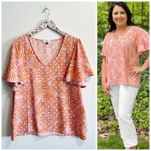 MICHELLE McDOWELL Paisley Top Pretty Palm Pink V-Neck Flutter L Large